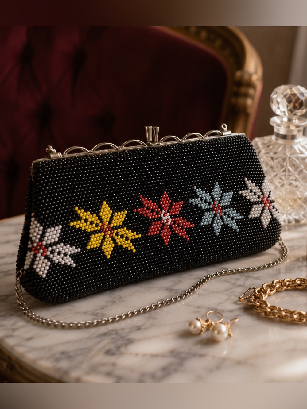 Vintage Hand Beaded Floral Evening Clutch Purse Black Mid Century 10”